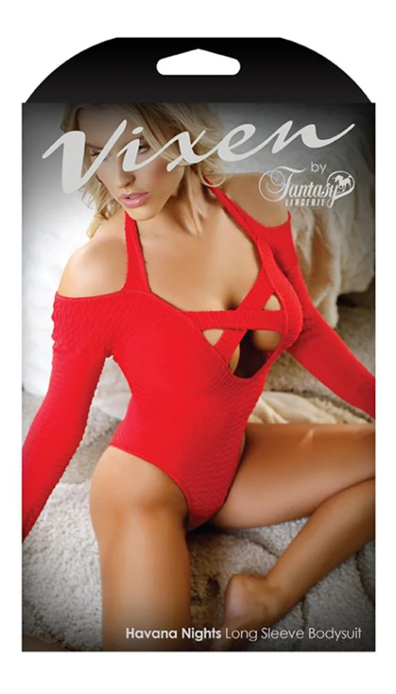 Havana Nights Long Sleeve Red Bodysuit with Criss Cross Front