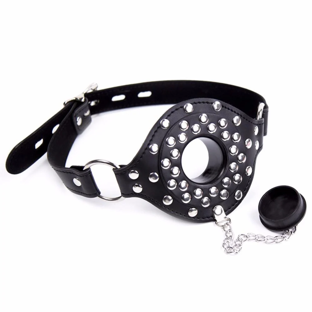 Leather Studded Open Mouth Feeding Gag With Adjustable Strap