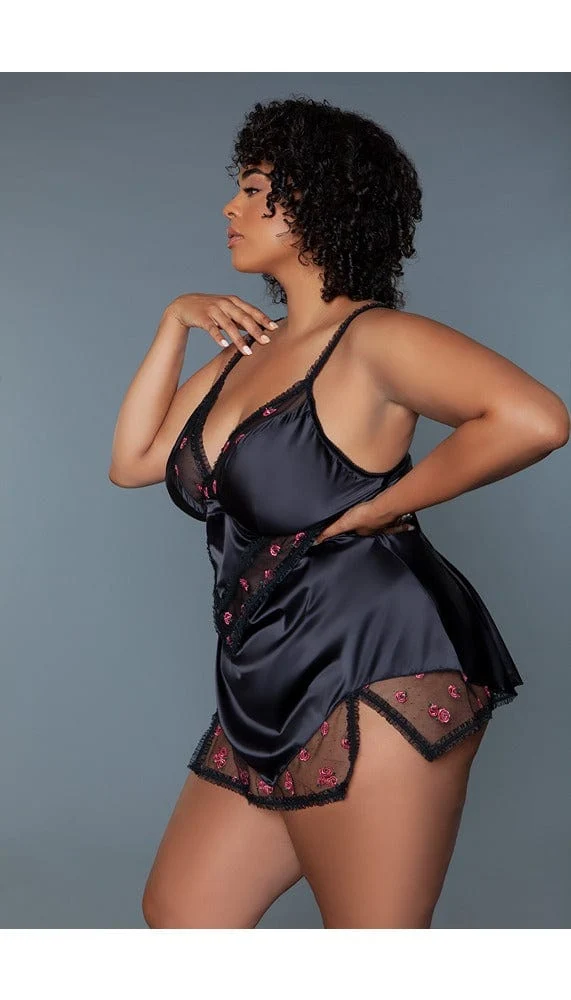 BeWicked Katherine Rose Embroidered Babydoll in Stretch Satin and Mesh