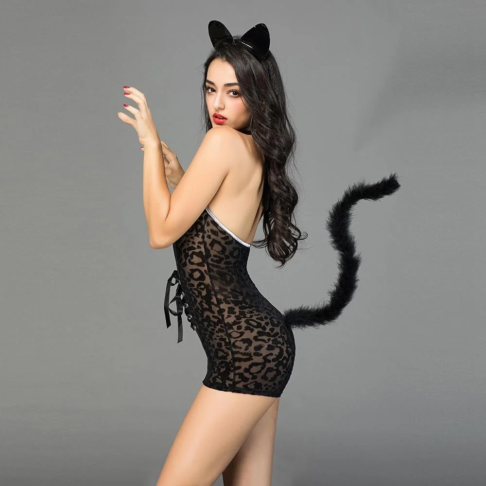 Kitty Cat Roleplay Costume with Headband and Body Stocking