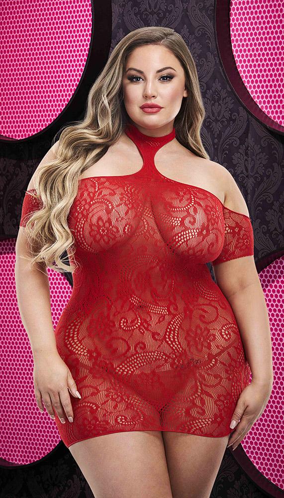 Choker Neck Lace Mini Dress with Cold Shoulder Sleeves