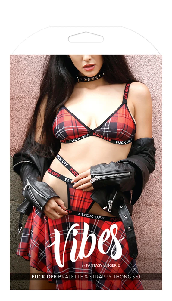 F*ck Off Red Plaid Bralette and Caged Thong Set