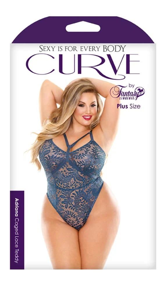 Adriana Caged Lace Teddy in Blue with High Leg Cut