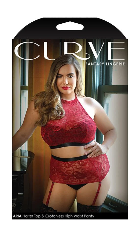 Elegant Lace Halter Top and Crotchless High Waist Panty Set 优雅蕾丝挂脖上衣与开裆高腰内裤套装