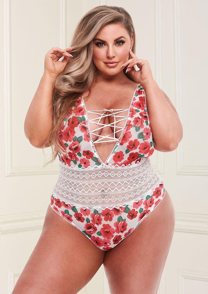 White Floral Teddy With Lace-Up Front and Sheer Waist Panel
