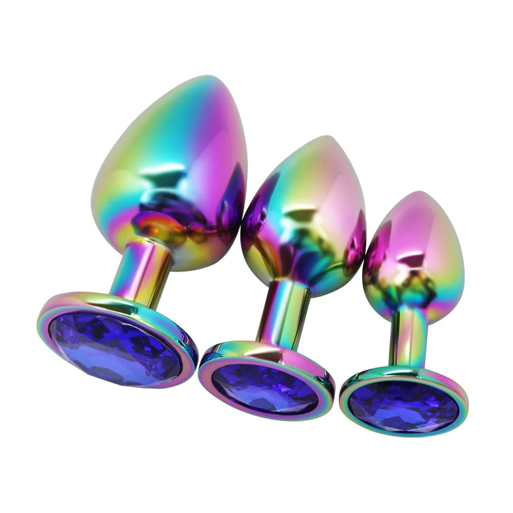 Rainbow Metal Anal Plug With Jewel Base in Three Sizes