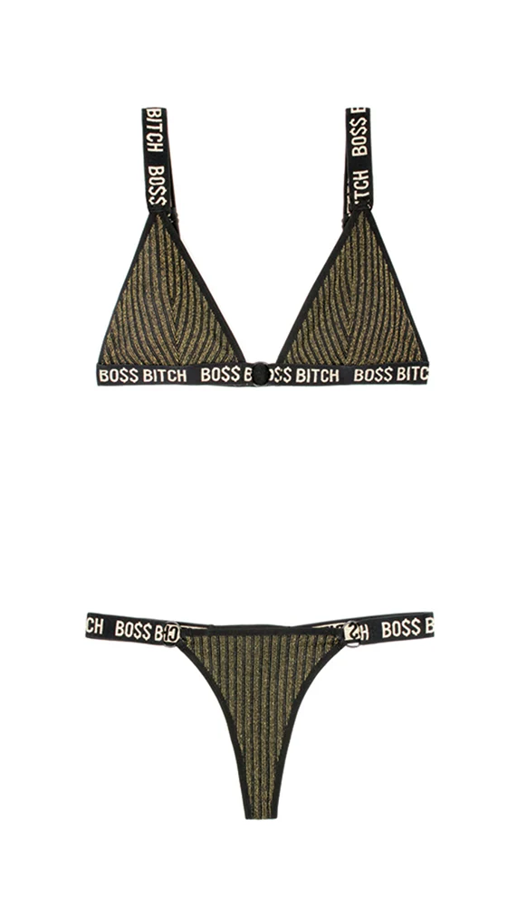 BO$$ Bitch Black and Gold Rib-Knit Bralette and Thong Set