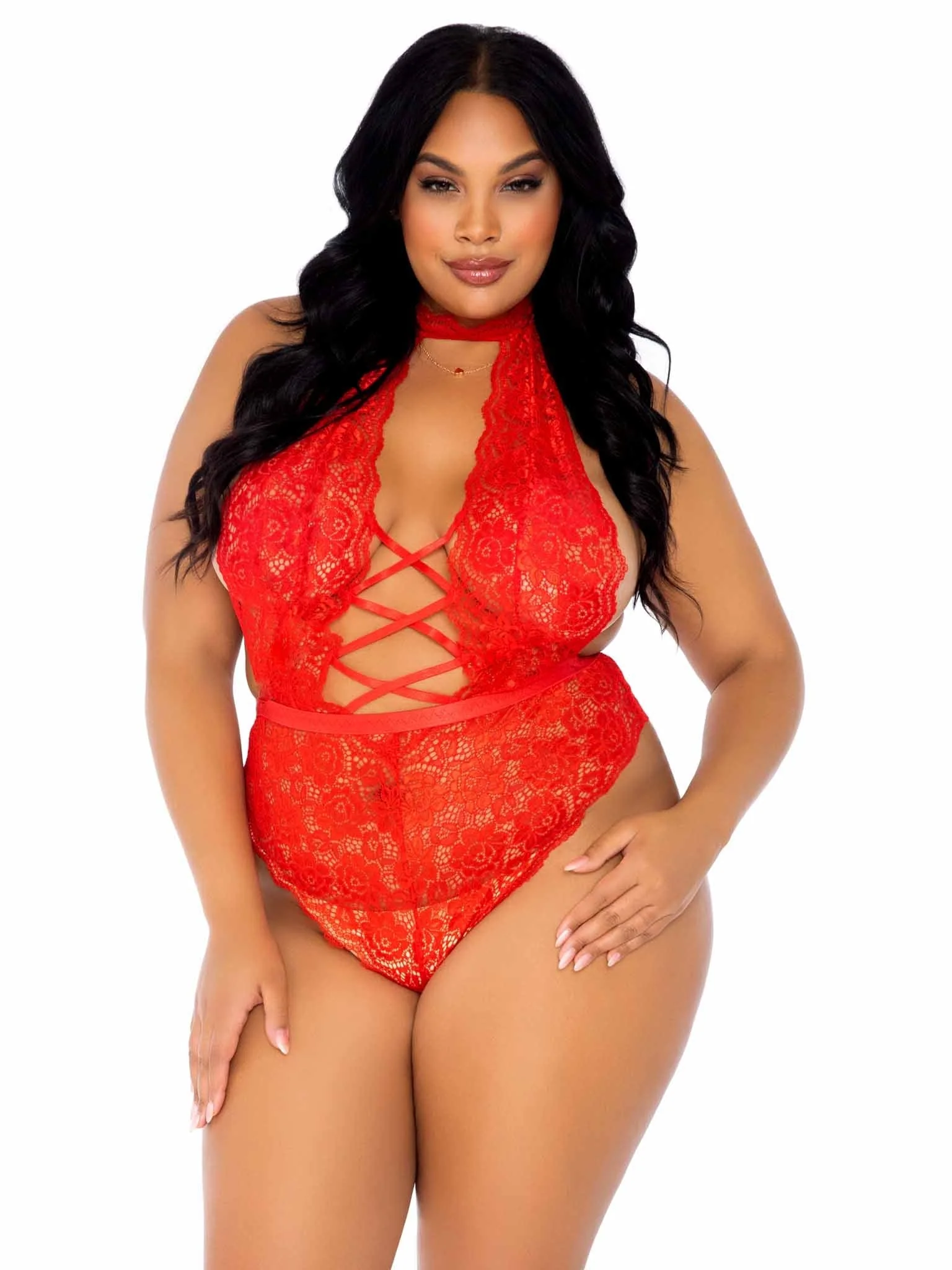 High Neck Floral Lace Crotchless Teddy with Open Back