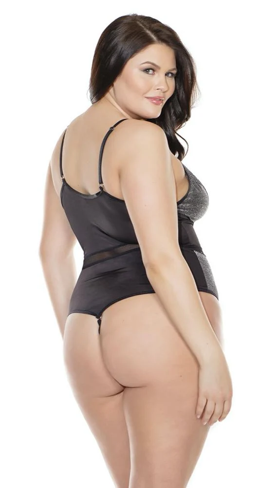 Coquette Strappy Shimmer Fishnet Thong Teddy in Black and Silver