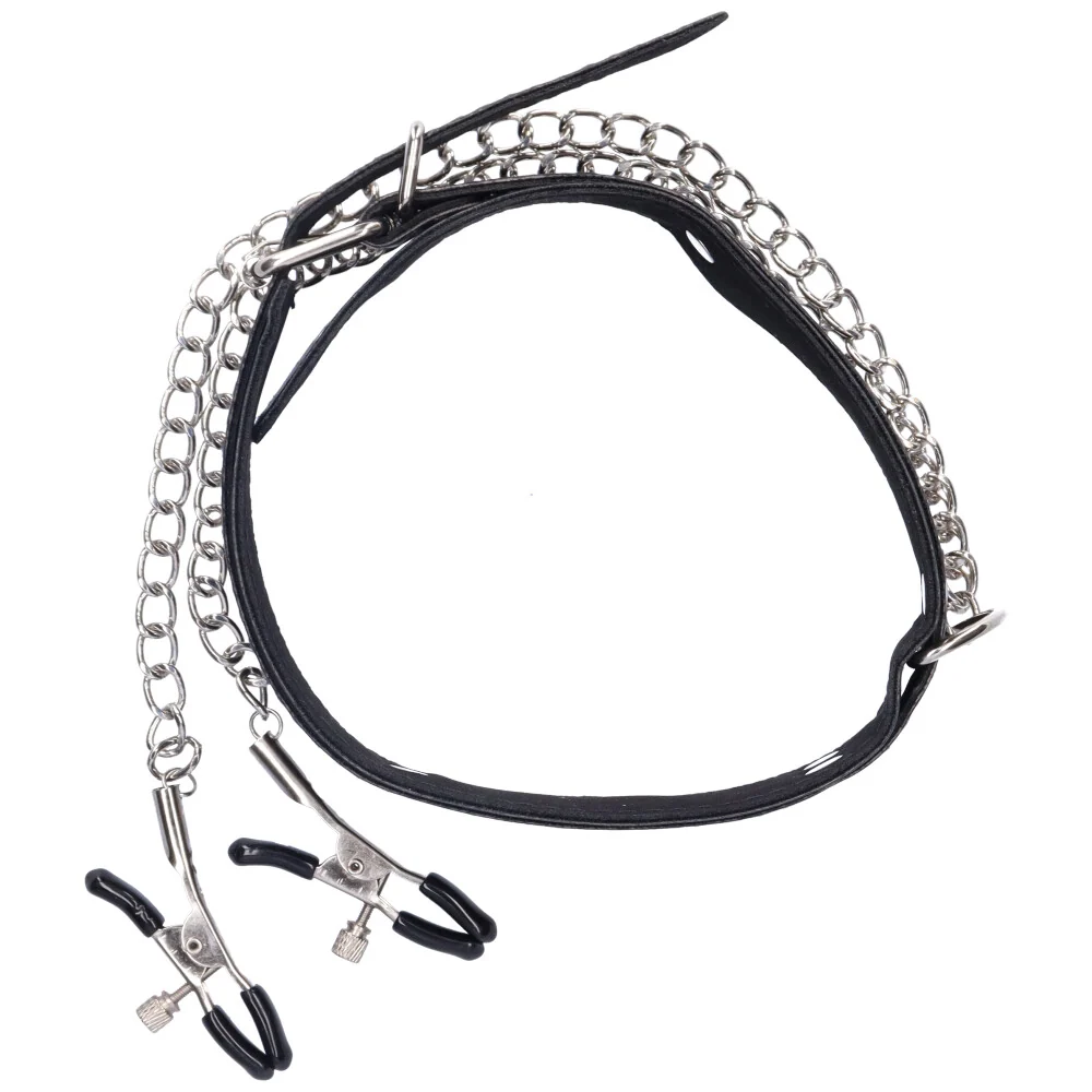 Black Bondage Collar with Adjustable Nipple Clamps and Chain