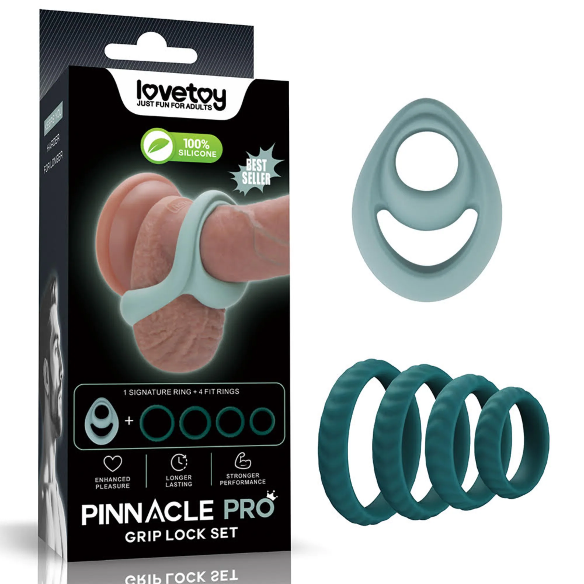 Pinnacle Pro Grip Lock Cock Ring Set with 4 Fit Rings