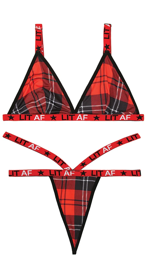 Lit AF Red Plaid Bralette and Thong Set With Adjustable Straps