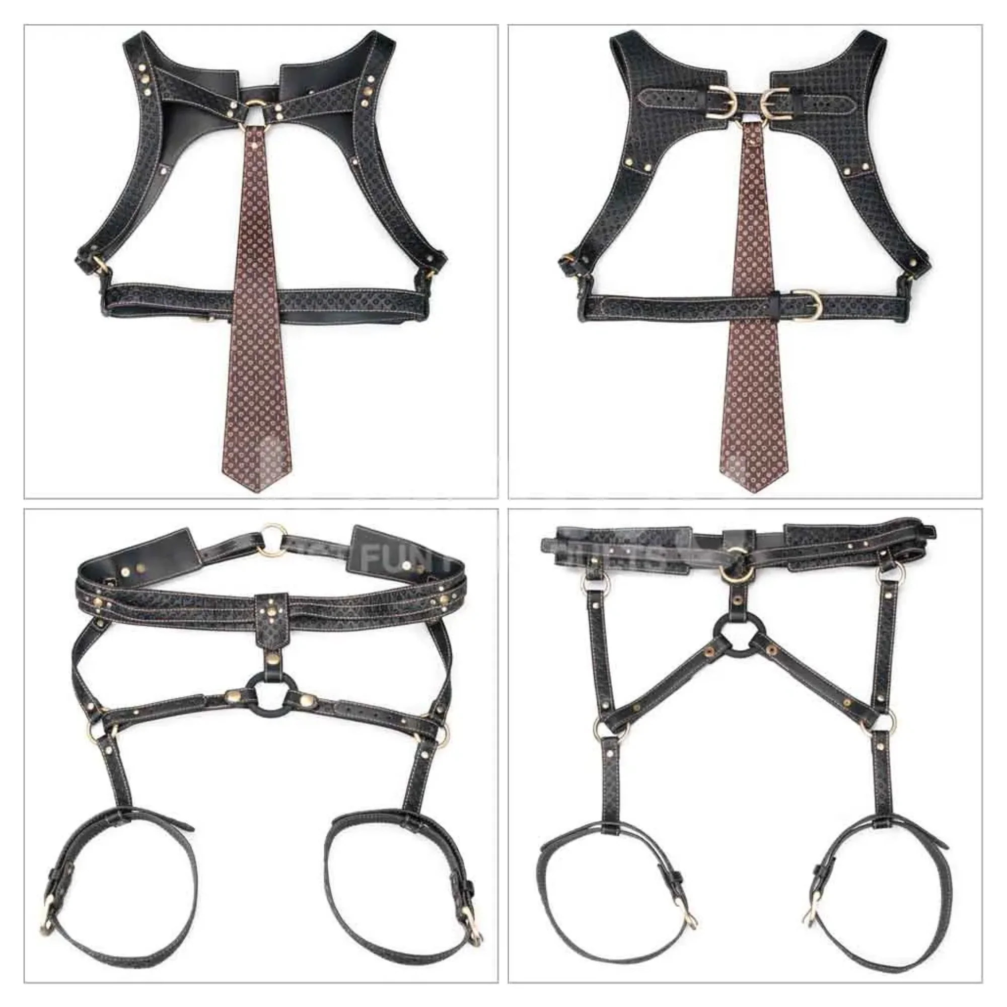 Rebellion Reign Faux Leather Full Body Harness with Leash Chest Tie