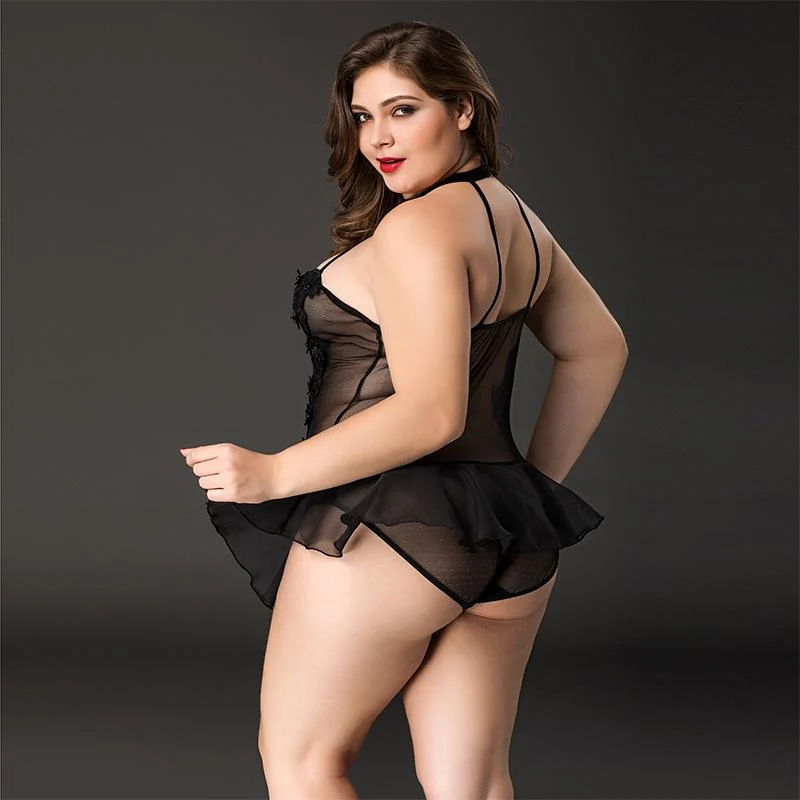 Sheer Black Skirted Teddy with Front Lace and Strappy Neckline - L-XL