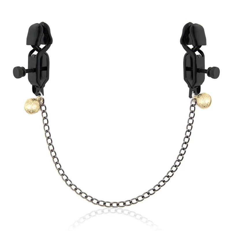 Erotic Chained Nipple Clamps with Gold Bells by Dark Amour