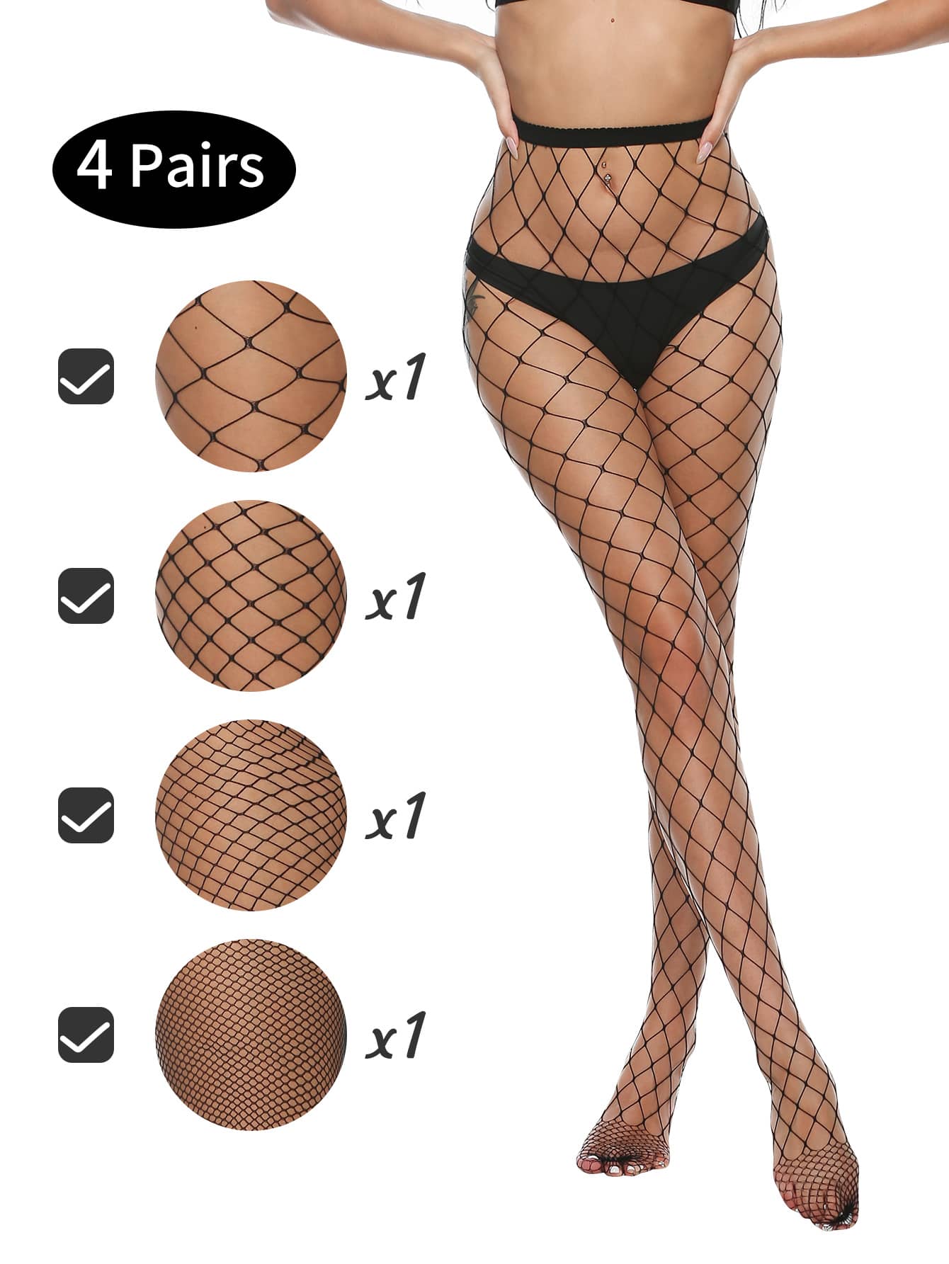 4 Pack Fishnet Stockings with Four Mesh Styles