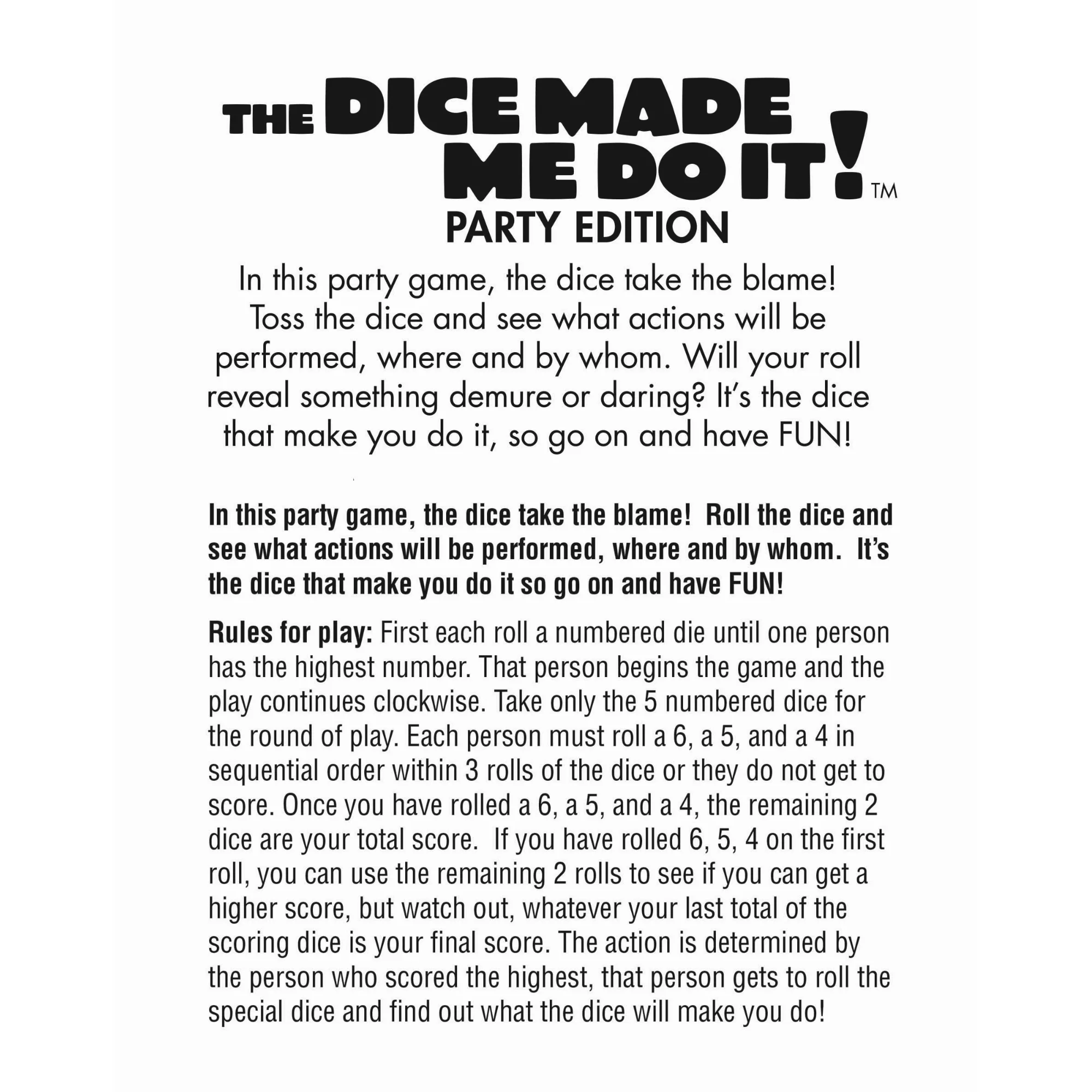 The Dice Made Me Do It Party Edition Adult Dice Game