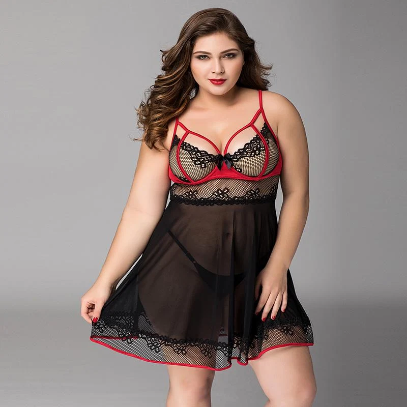 Kissablegs Black and Red Sheer Babydoll Lingerie - L-XL