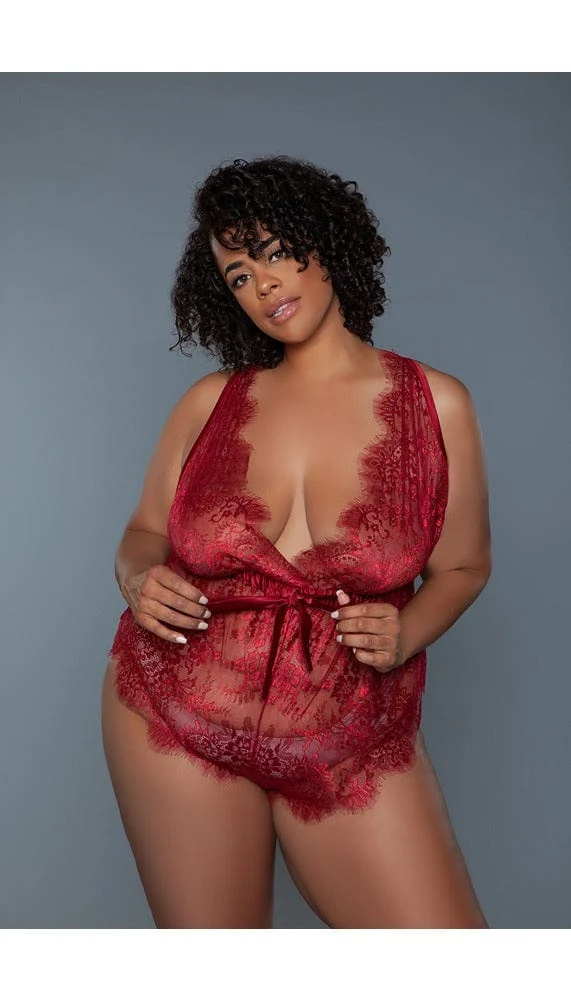 Nancy Plunging V-Neck Lace Teddy with Criss-Cross Back