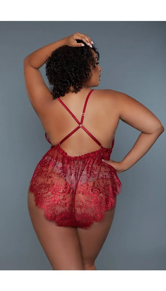 Nancy Plunging V-Neck Lace Teddy with Criss-Cross Back