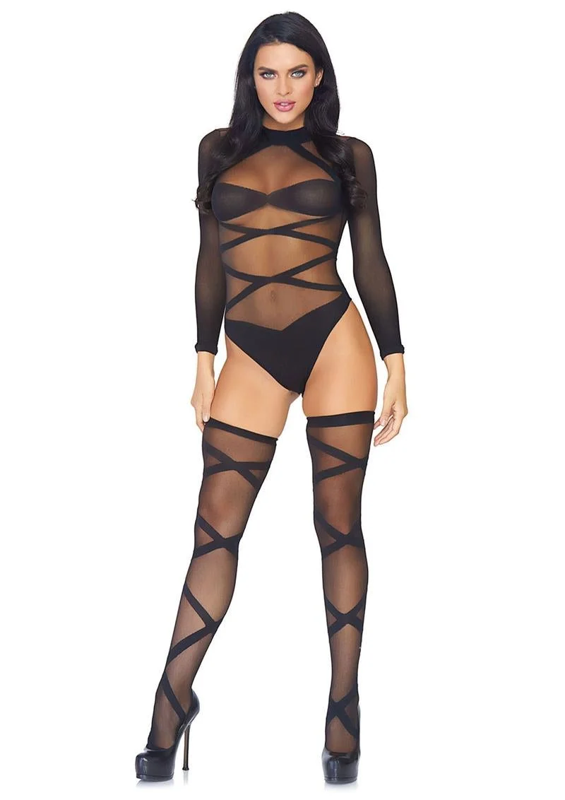 Sheer Criss Cross Teddy and Matching Thigh High Stocking Set