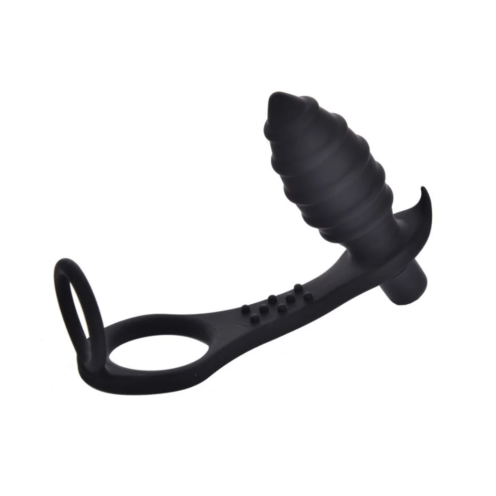 Rippled Vibrating Anal Plug with Cock Ring and Perineum Massager