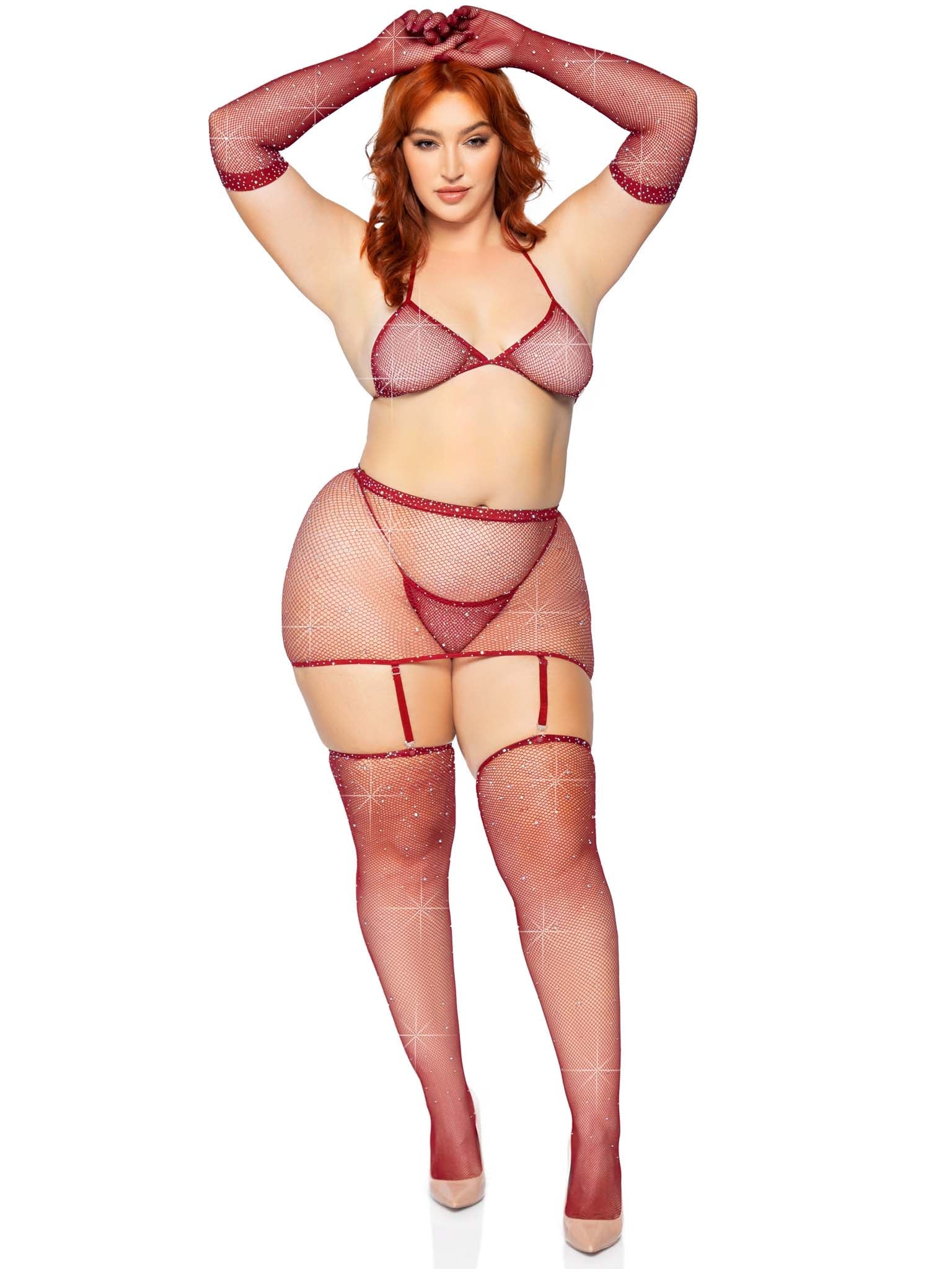 Rhinestone Fishnet 5-Piece Lingerie Set with Gloves and Garter Skirt
