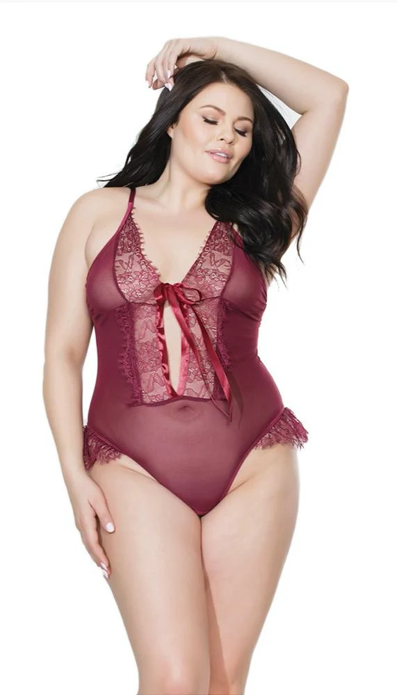 Merlot Fine Lace and Mesh Crotchless Teddy with Ribbon Ties