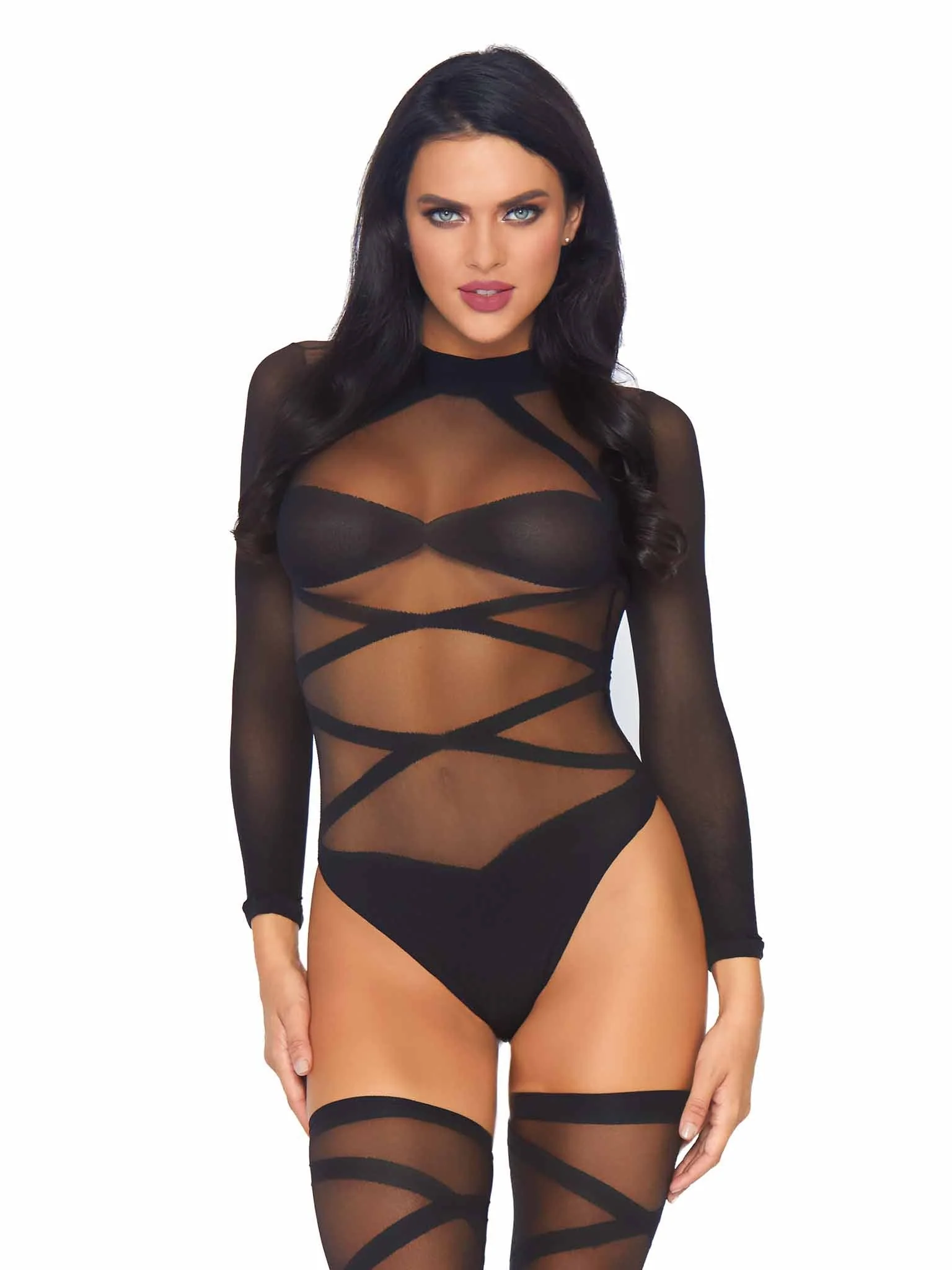 Sheer Criss Cross Teddy and Matching Thigh High Stocking Set
