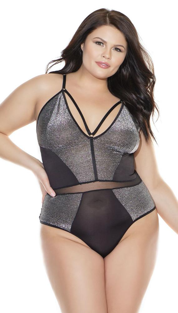 Coquette Strappy Shimmer Fishnet Thong Teddy in Black and Silver