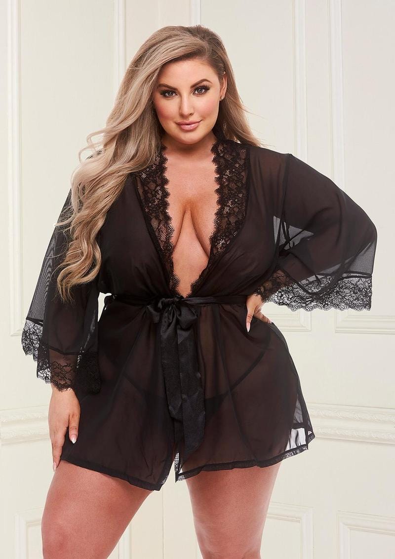 Sheer Chiffon and Lace Robe with Satin Tie By Baci Lingerie
