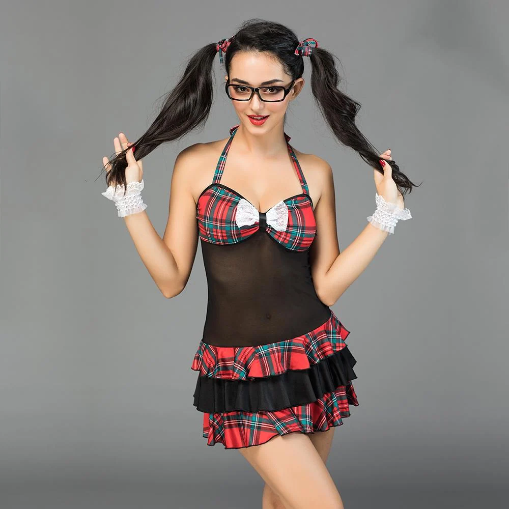Sexy Schoolgirl Costume with Glasses, Wristbands and Skirt