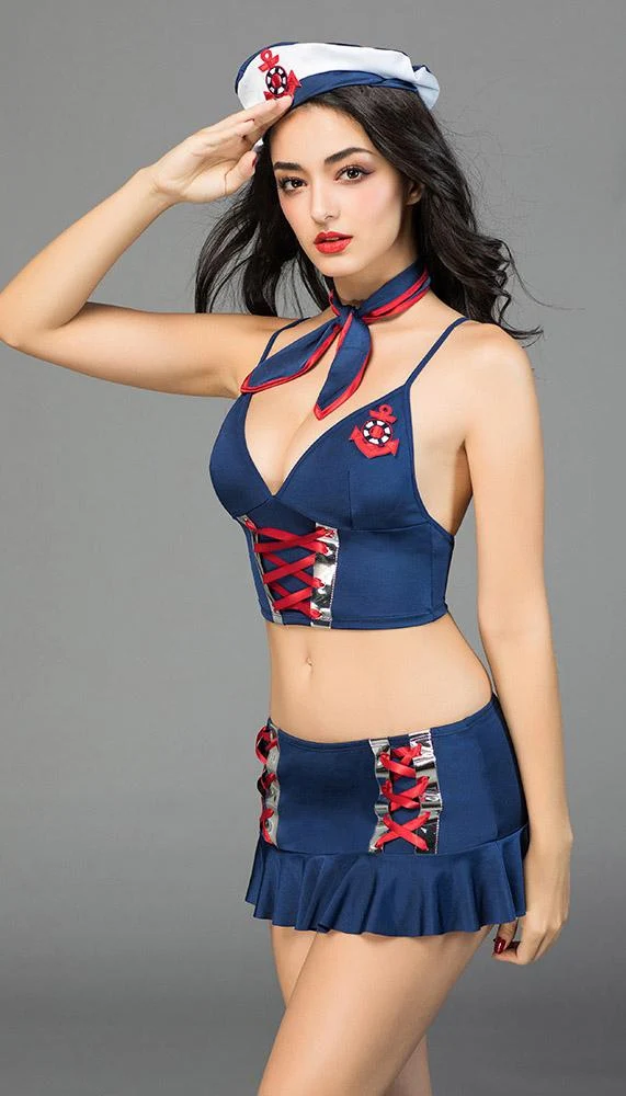 Sexy Sailor Lace Up Costume with Neck Tie and Sailor Cap