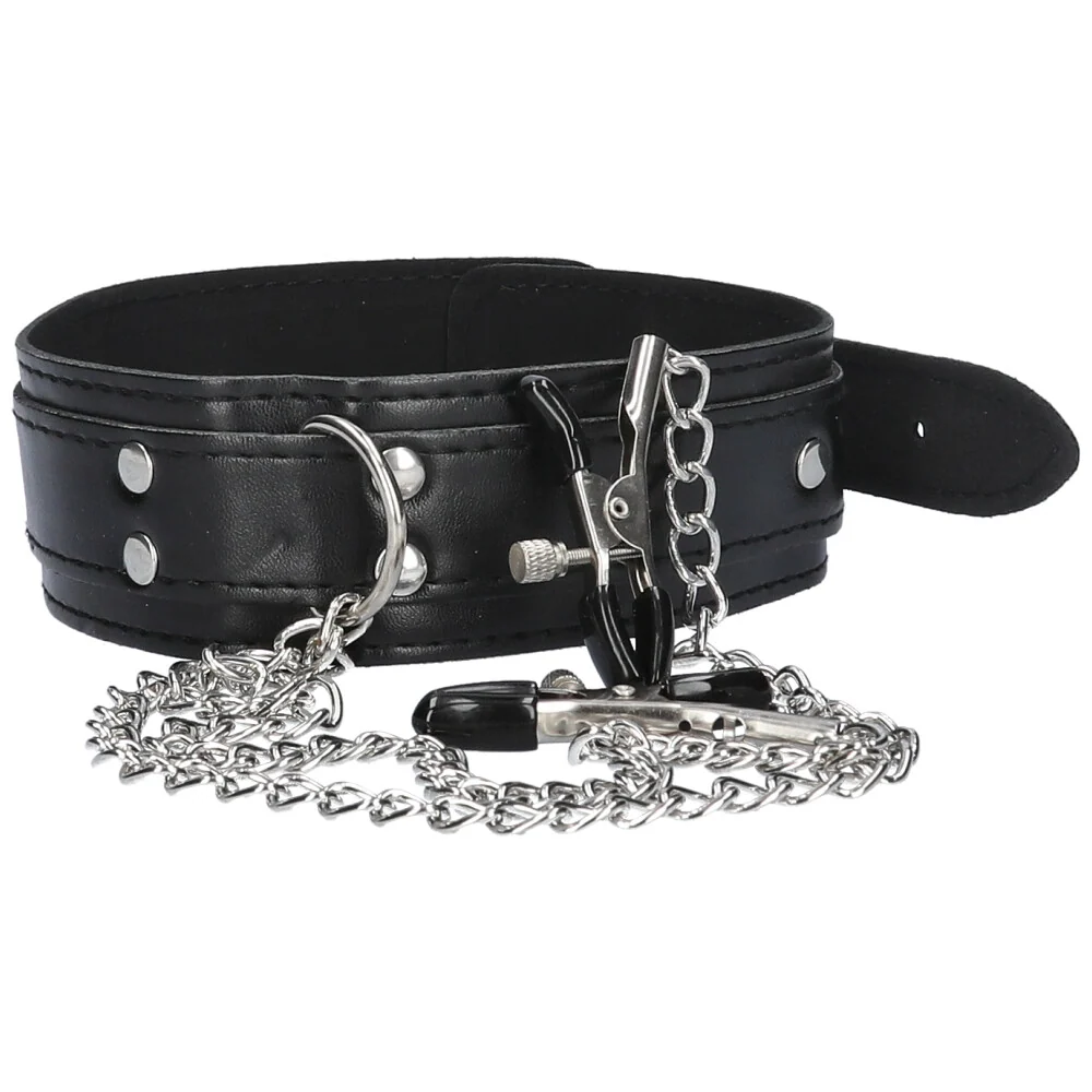 Black Bondage Collar with Adjustable Nipple Clamps and Chain