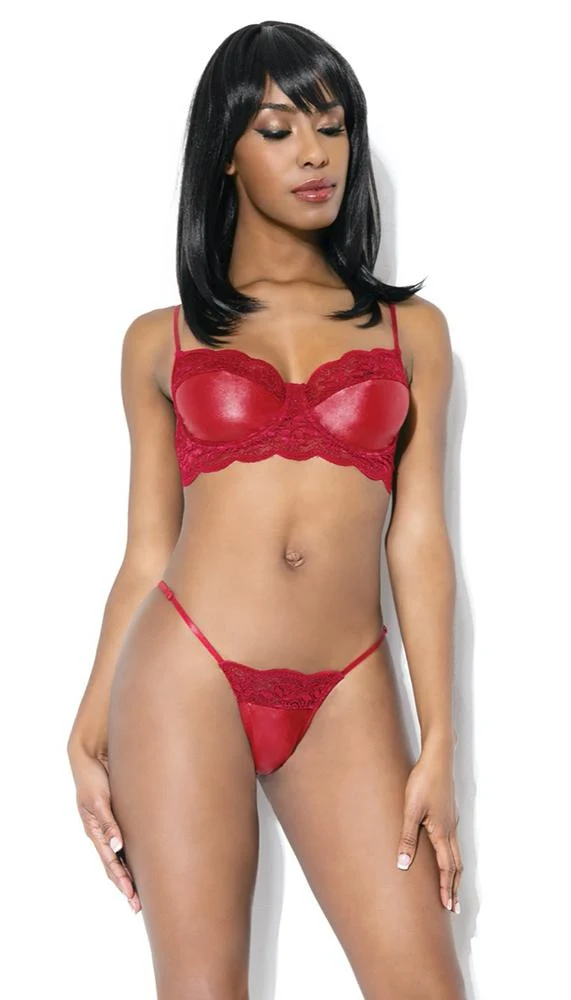 Merlot Wetlook Bra & G-String Set with Stretch Lace Lining