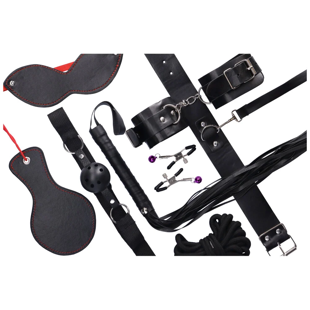 10 Piece Black Bondage Kit with Rope and Cuffs