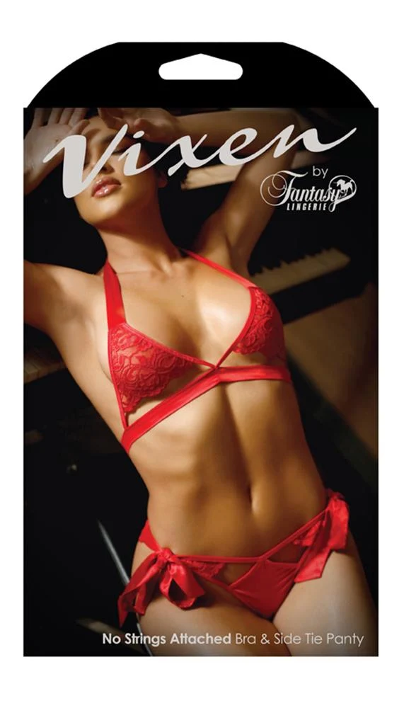No Strings Attached Red Halter Lace Bra and Side Tie Panty