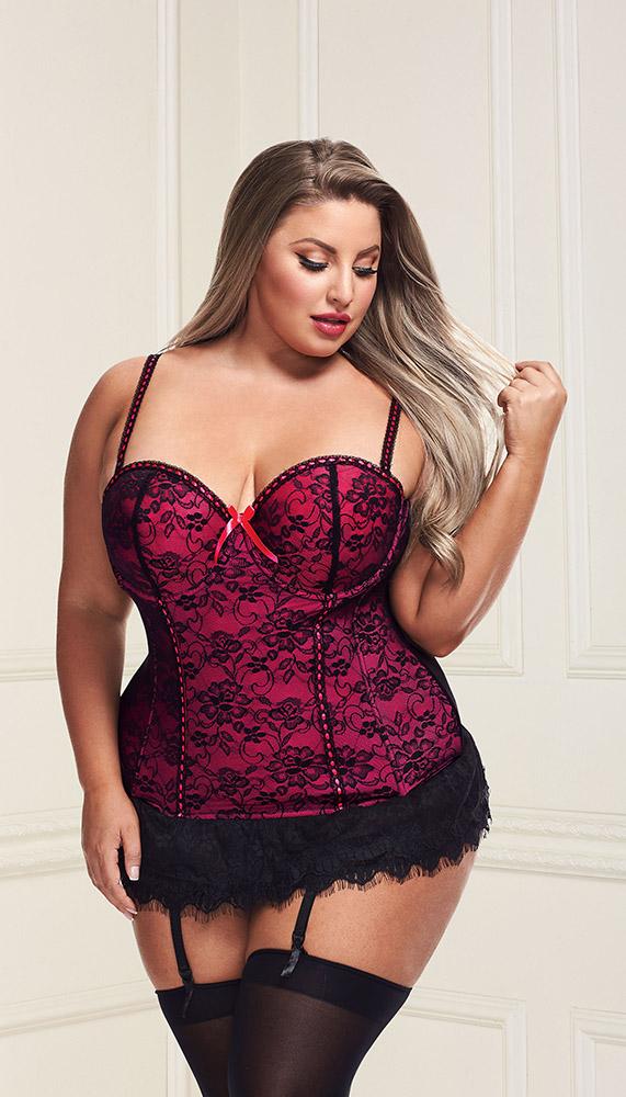 Underwire Bustier Set with Lace Overlay and Contoured Waist-Boning