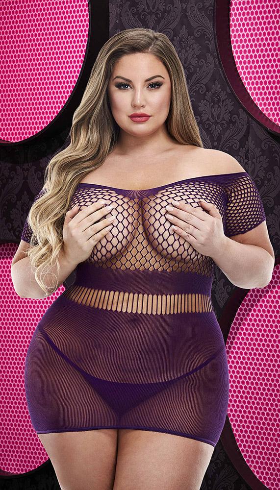 V-Neck Mini Dress with Fishnet Accents in Ultra-Sheer Fabric