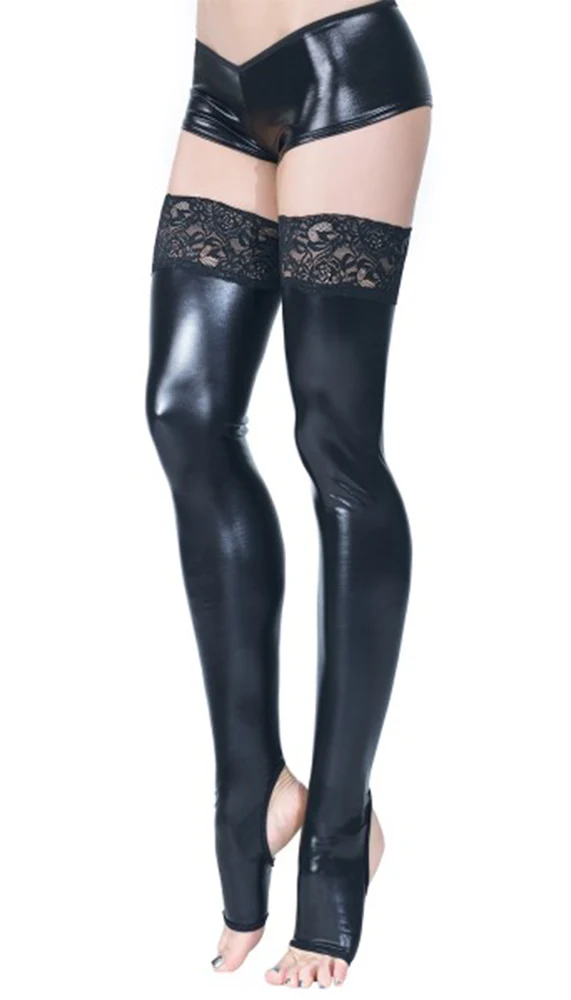 Black Toeless Wet Look Thigh High Stockings with Lace Grips