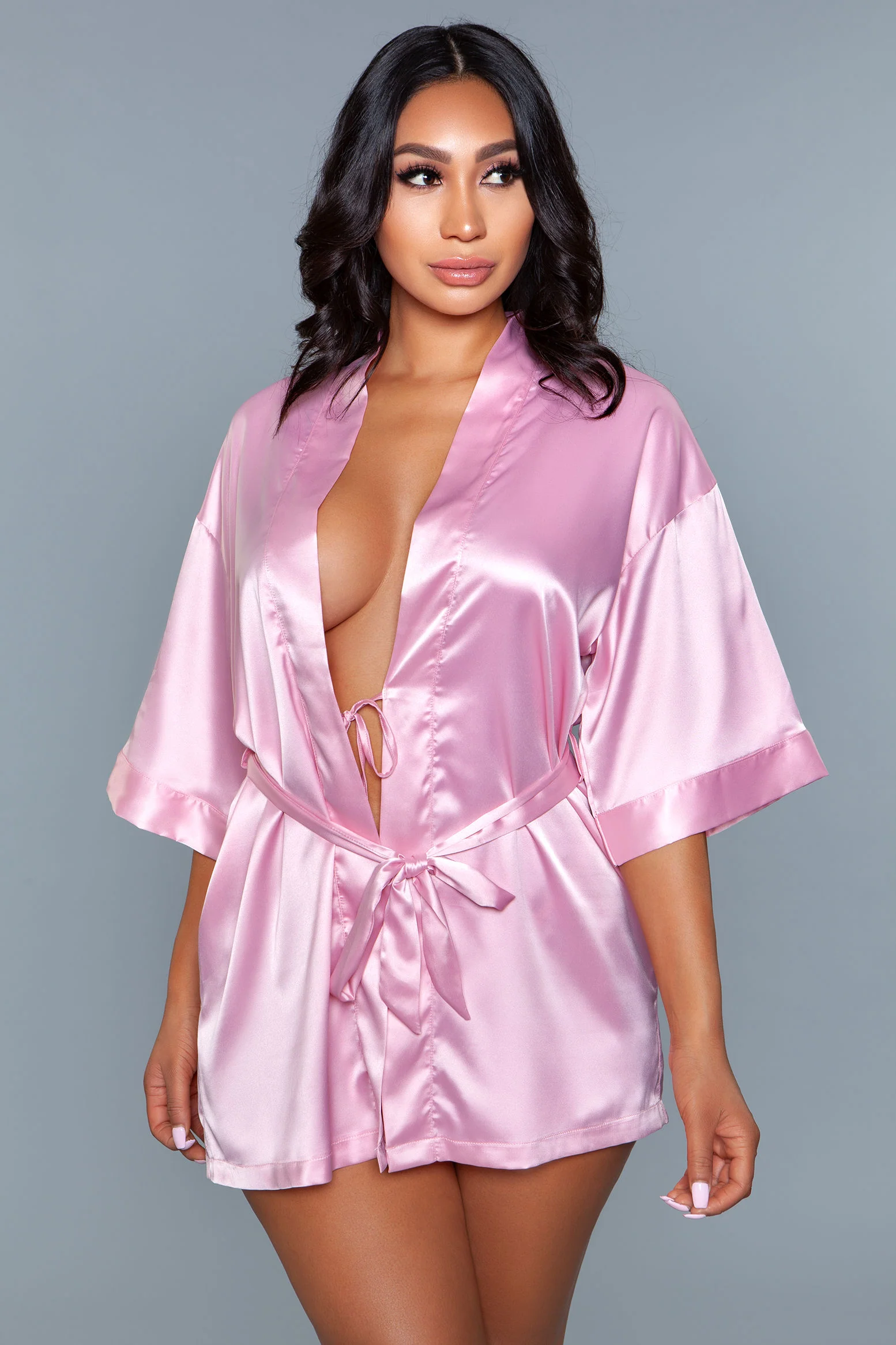 Getting Ready Satin Robe with 3/4 Sleeves and Sash Tie