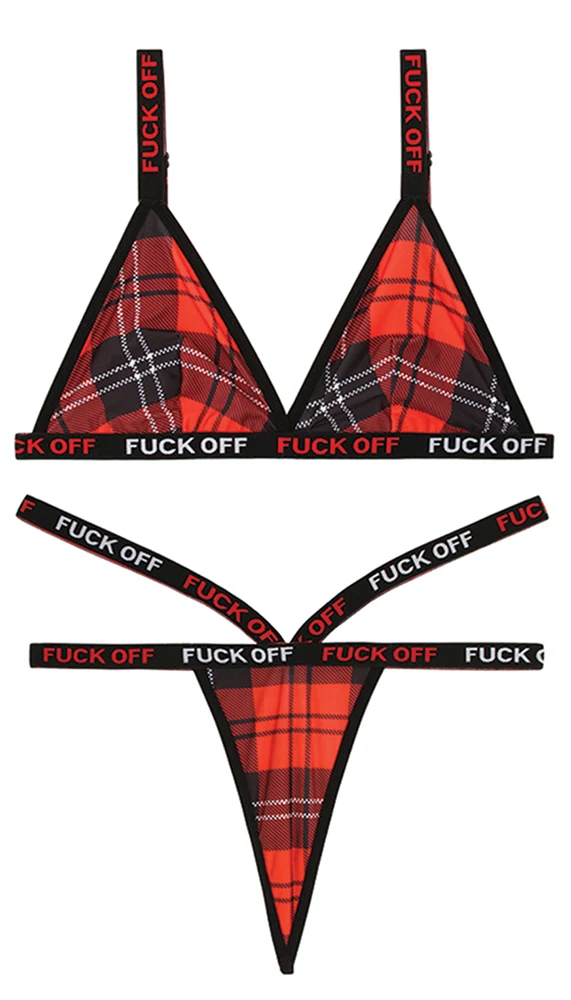 F*ck Off Red Plaid Bralette and Caged Thong Set