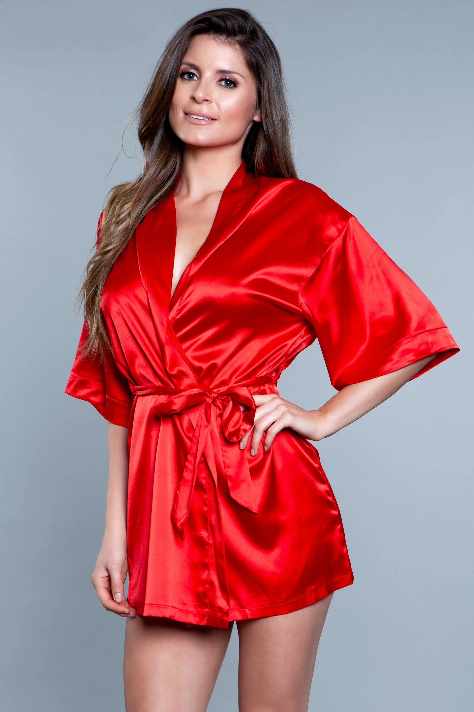 Getting Ready Satin Robe with 3/4 Sleeves and Sash Tie
