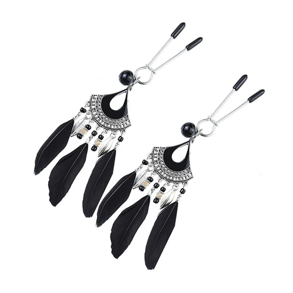 Boho Style Black Feather Tweezer Nipple Clamps with Bells