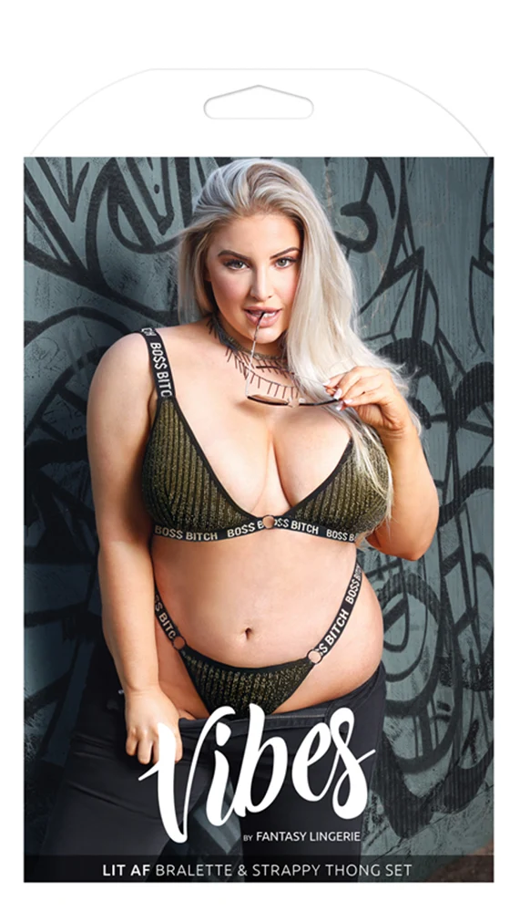 BO$$ Bitch Black and Gold Rib-Knit Bralette and Thong Set
