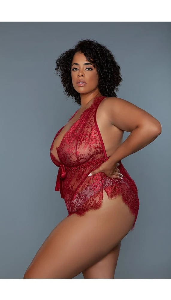 Nancy Plunging V-Neck Lace Teddy with Criss-Cross Back