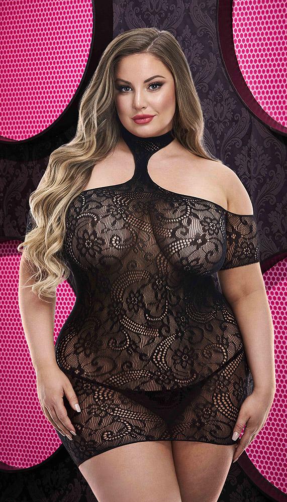 Choker Neck Lace Mini Dress with Cold Shoulder Sleeves