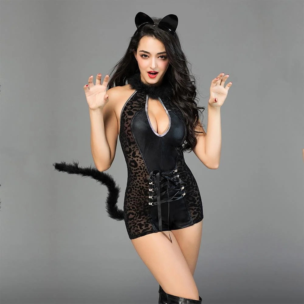 Kitty Cat Roleplay Costume with Headband and Body Stocking