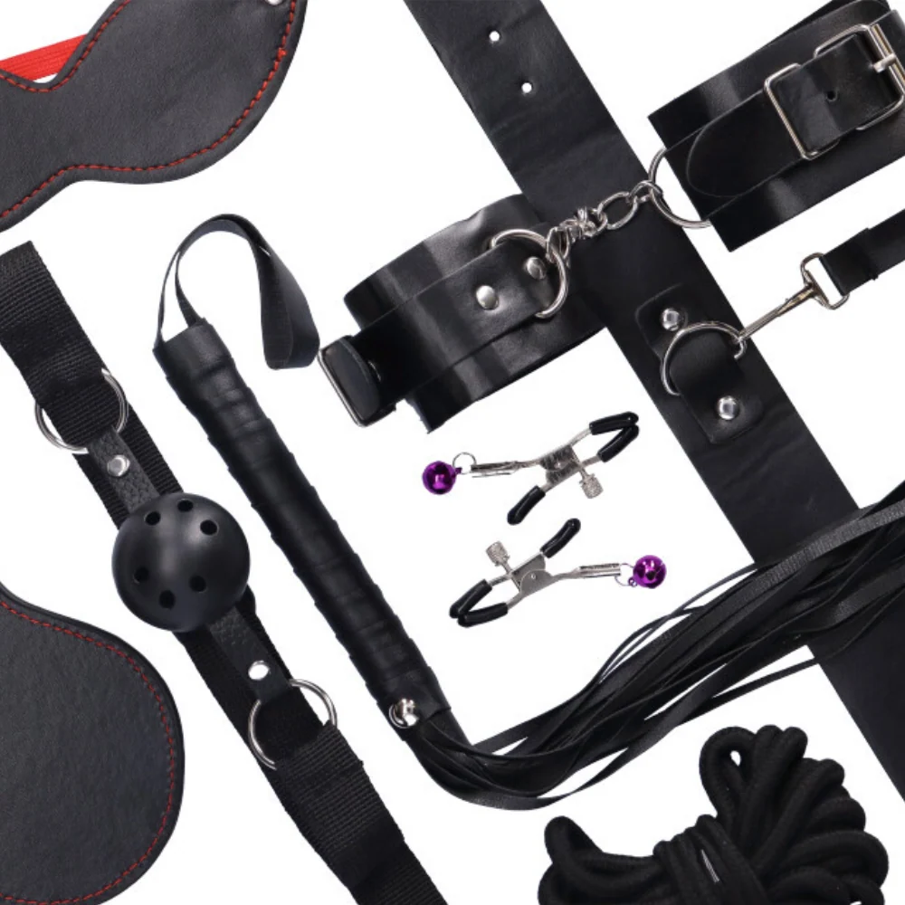 10 Piece Black Bondage Kit with Rope and Cuffs