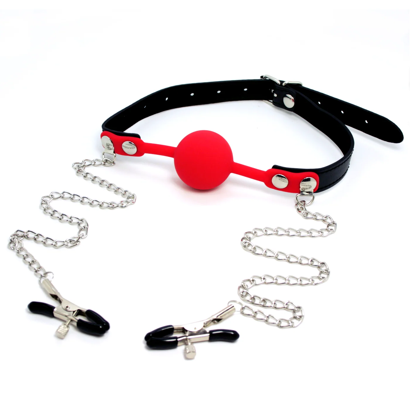 Silicone Ball Gag and Adjustable Nipple Clamp Bondage System